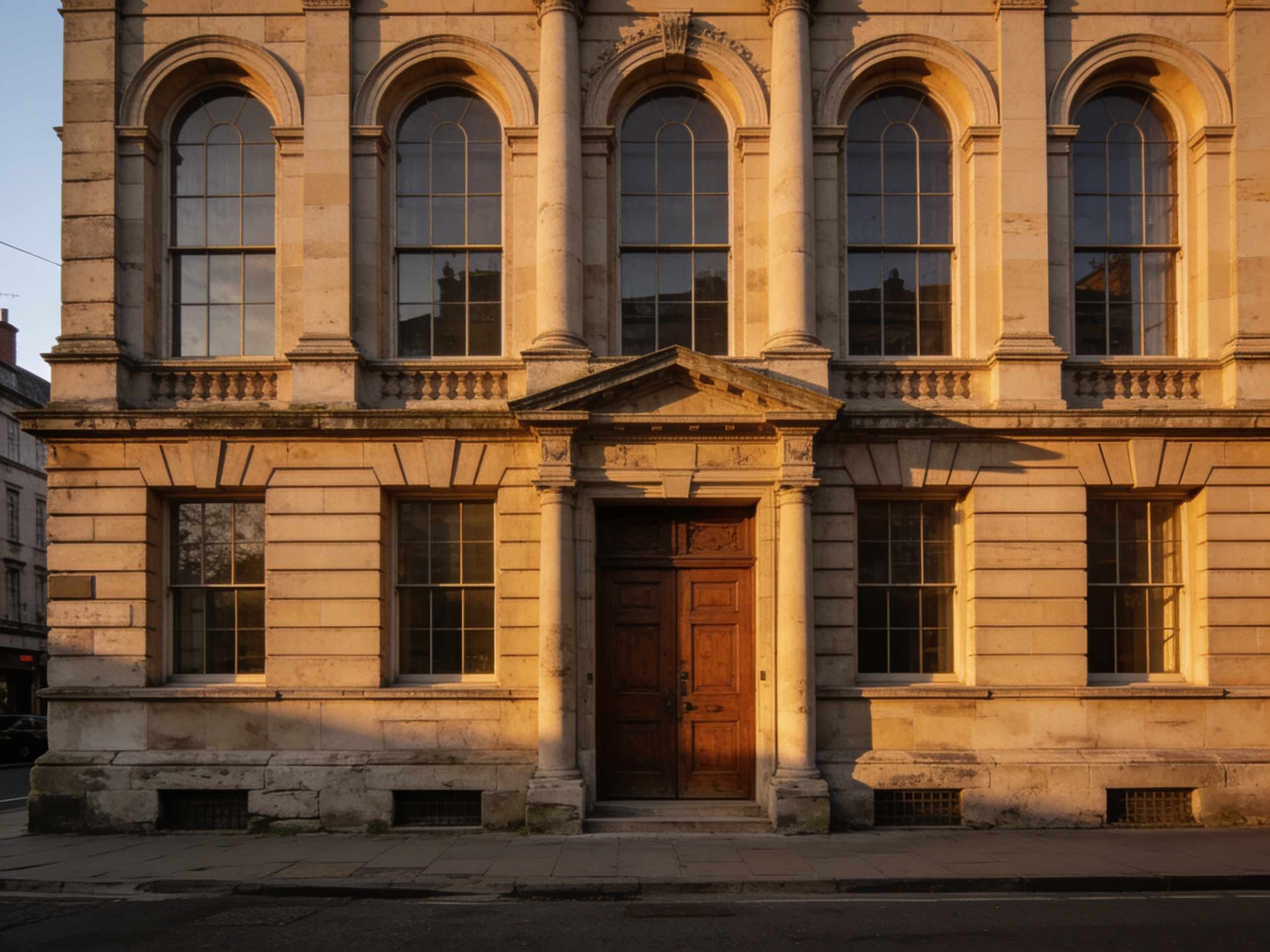 The stone front of a Victorian corn exchange building on a quiet street, with tall arched windows