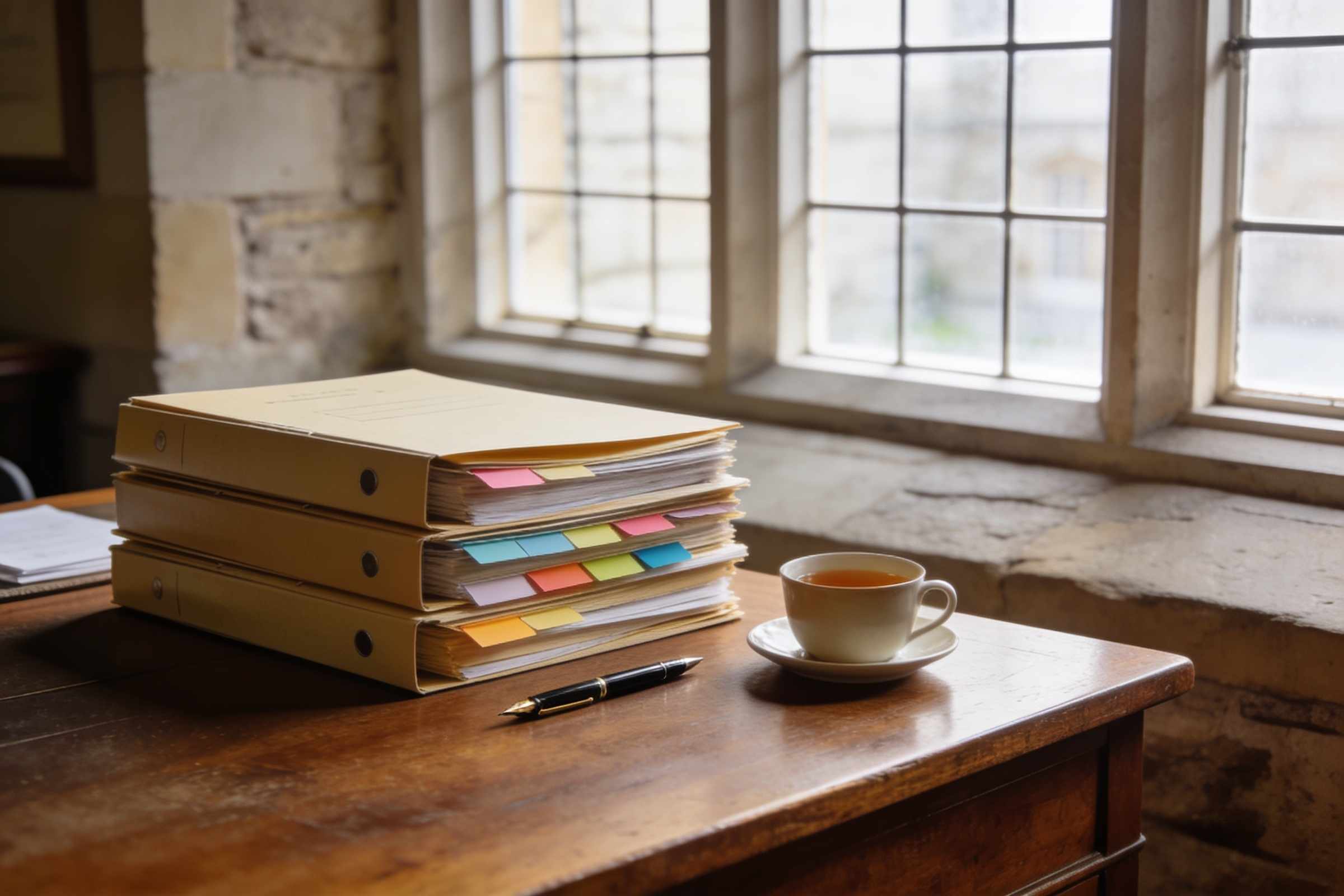 A wooden desk by a tall window with neatly stacked files, a fountain pen and a cup of tea in soft morning light