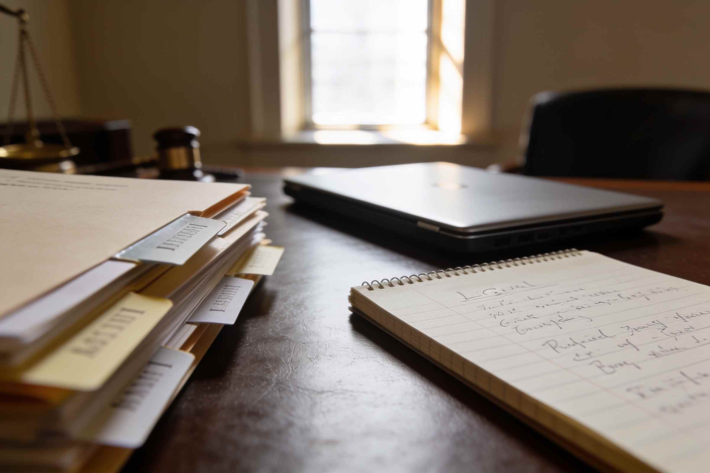 A lawyer's desk with tabbed files and a laptop, light from a tall window