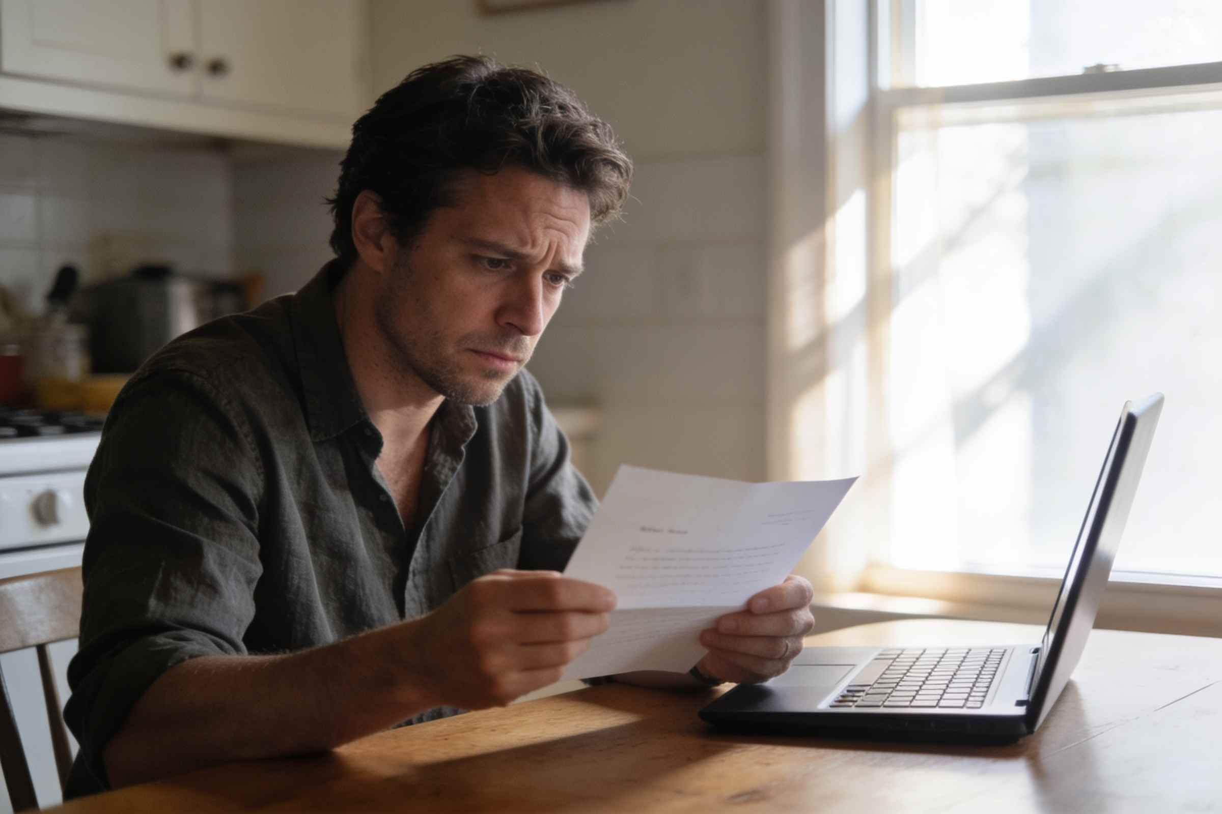 A person reading a letter at a kitchen table, a laptop open beside them