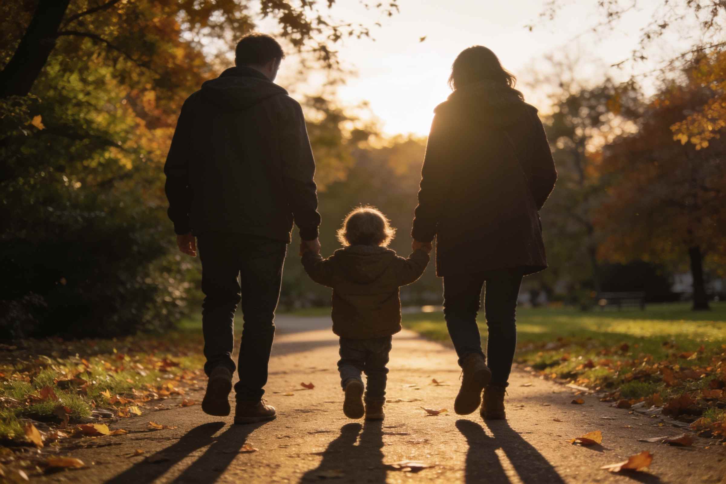 Two adults walking with a small child along a park path in autumn, seen from behind