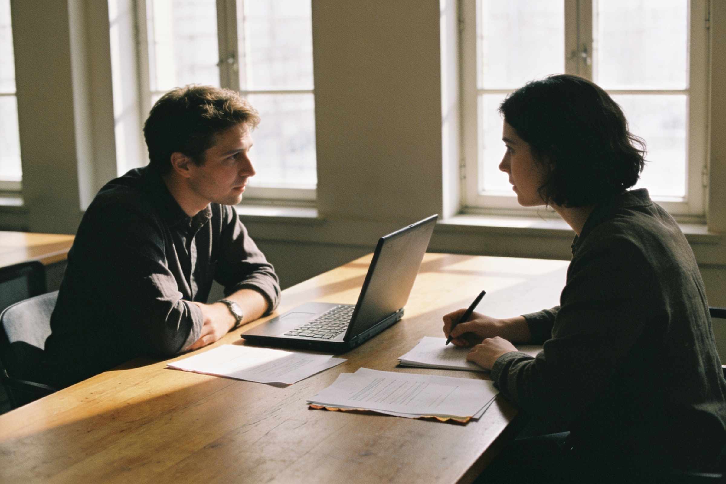 Two people talking across a table in a bright meeting room, papers and a laptop between them