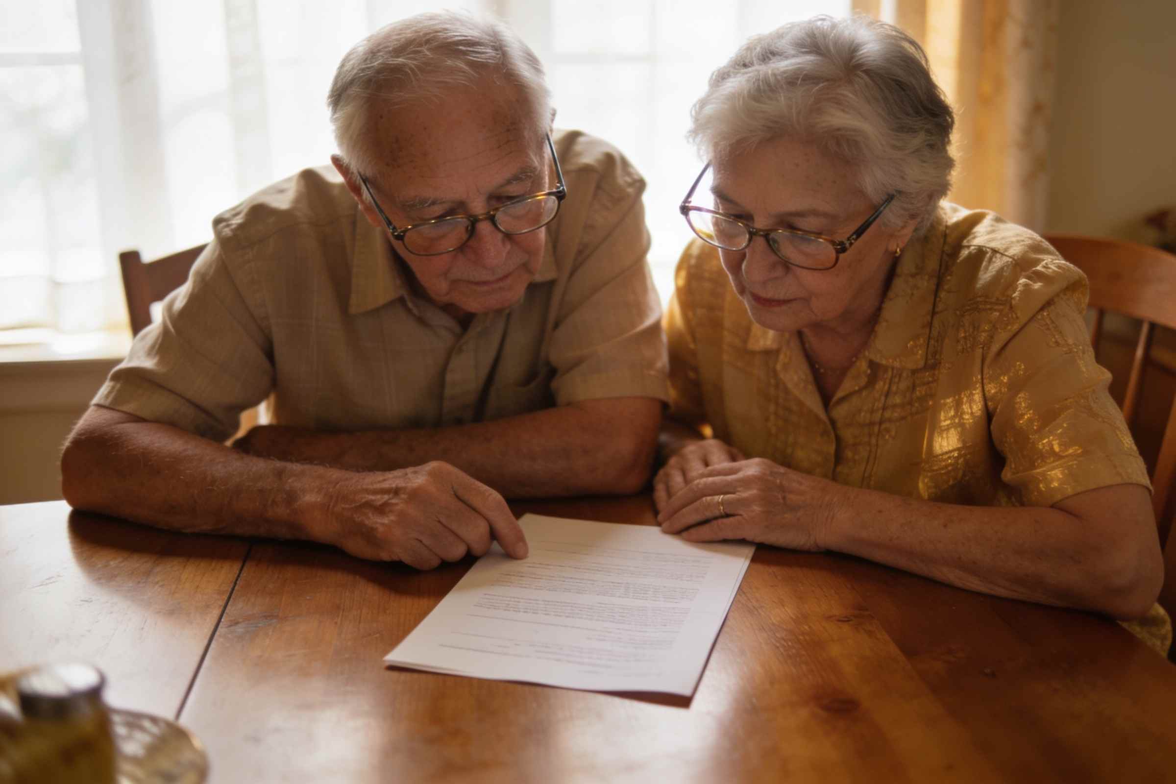 An older couple reading a document together at a dining table